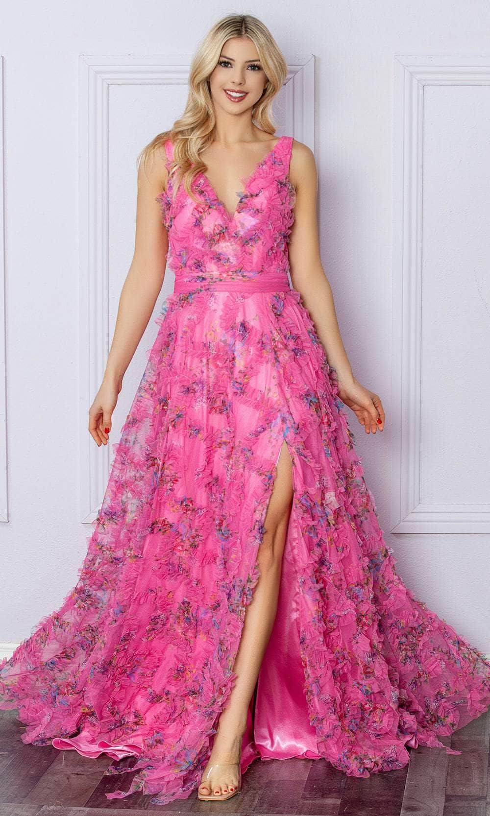 Nox Anabel E1445 - Ruffled Deep V-Neck Prom Dress Special Occasion Dress 4 / Fuchsia
