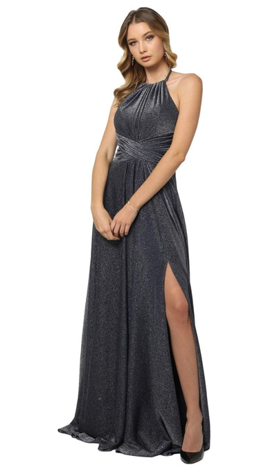 Nox Anabel - E184 Ruched Halter Bodice Metallic High Slit Gown Special Occasion Dress XS / Metallic Navy