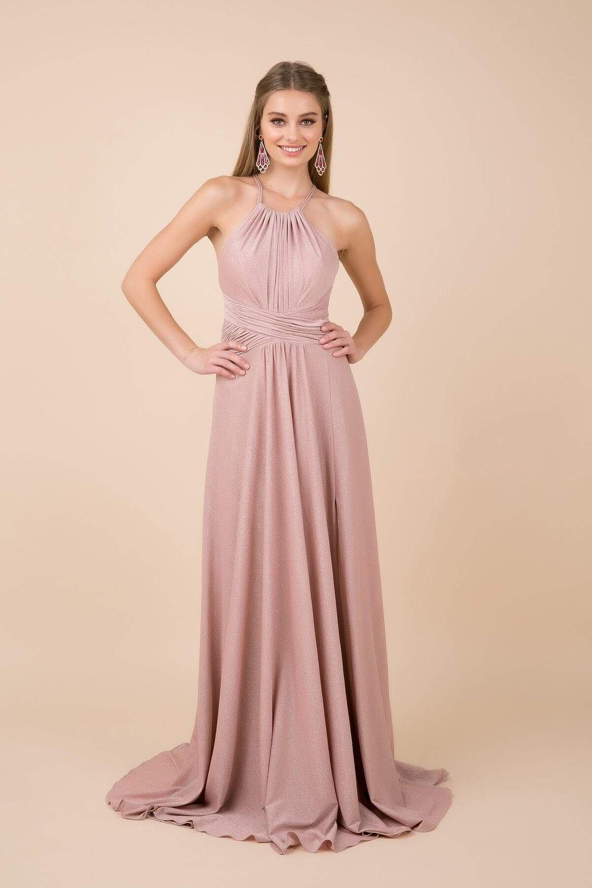 Nox Anabel - E184 Ruched Halter Bodice Metallic High Slit Gown Special Occasion Dress XS / Metallic Rose Gold