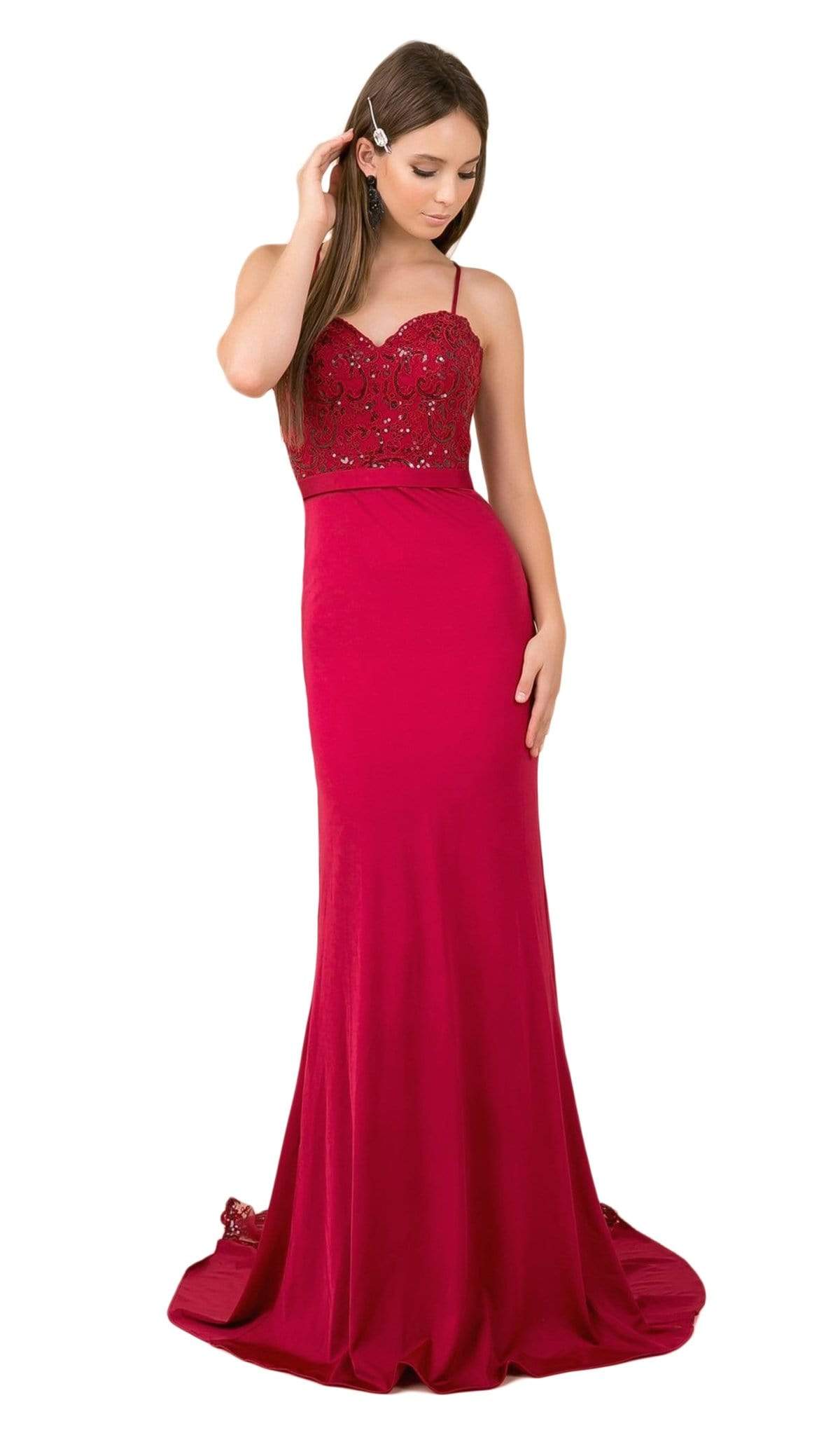 Nox Anabel - E276 Sequined Lace Illusion Paneled Long Gown Evening Dresses XS / Burgundy