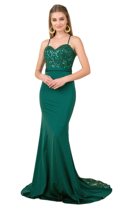 Nox Anabel - E276 Sequined Lace Illusion Paneled Long Gown Evening Dresses XS / Green
