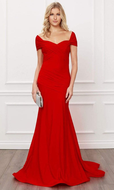 Nox Anabel - E497 Off-Shoulder Sleek Pleats Mermaid Gown Evening Dresses 2 / Red