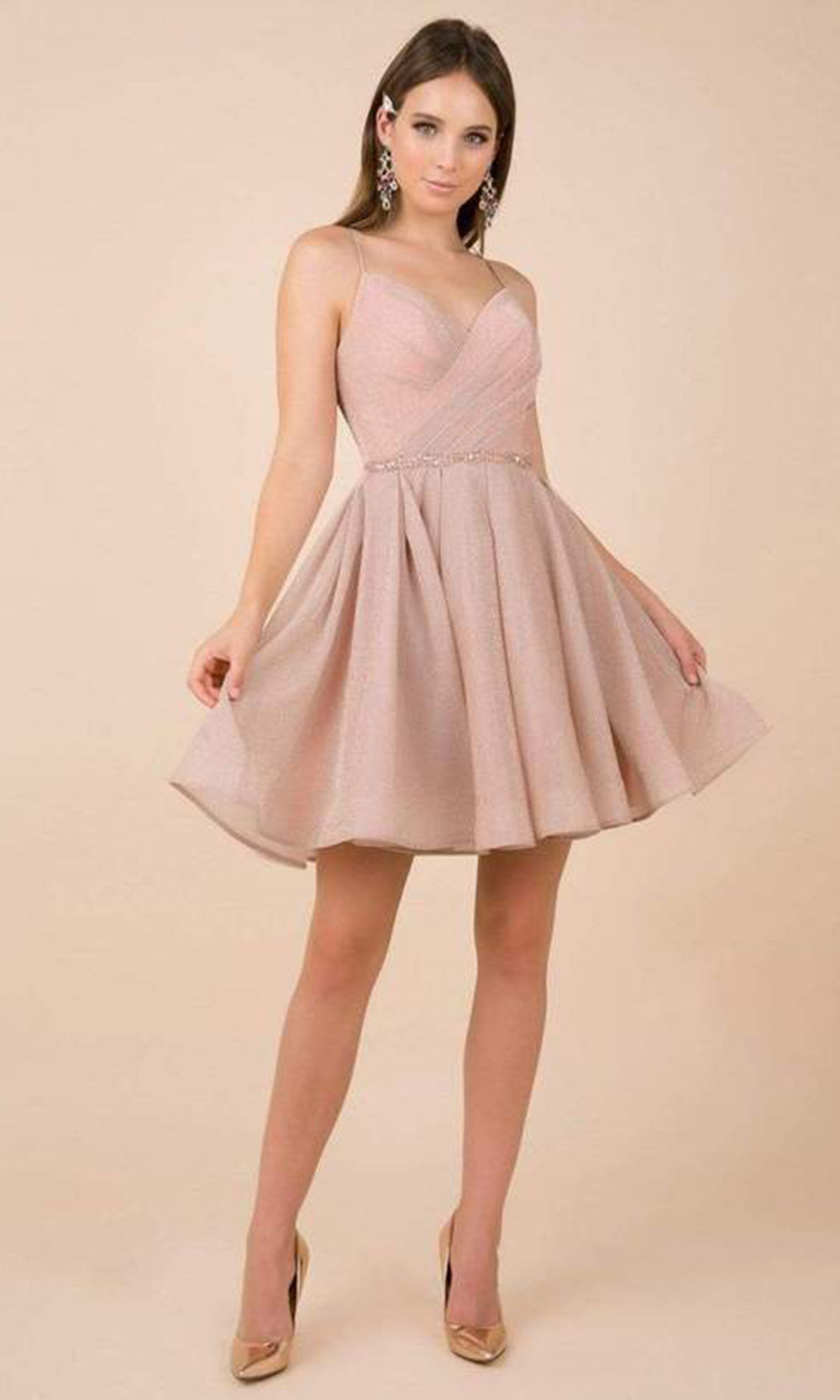 Nox Anabel - T681SC Pleated Fit and Flare Short Dress In Pink and Neutral