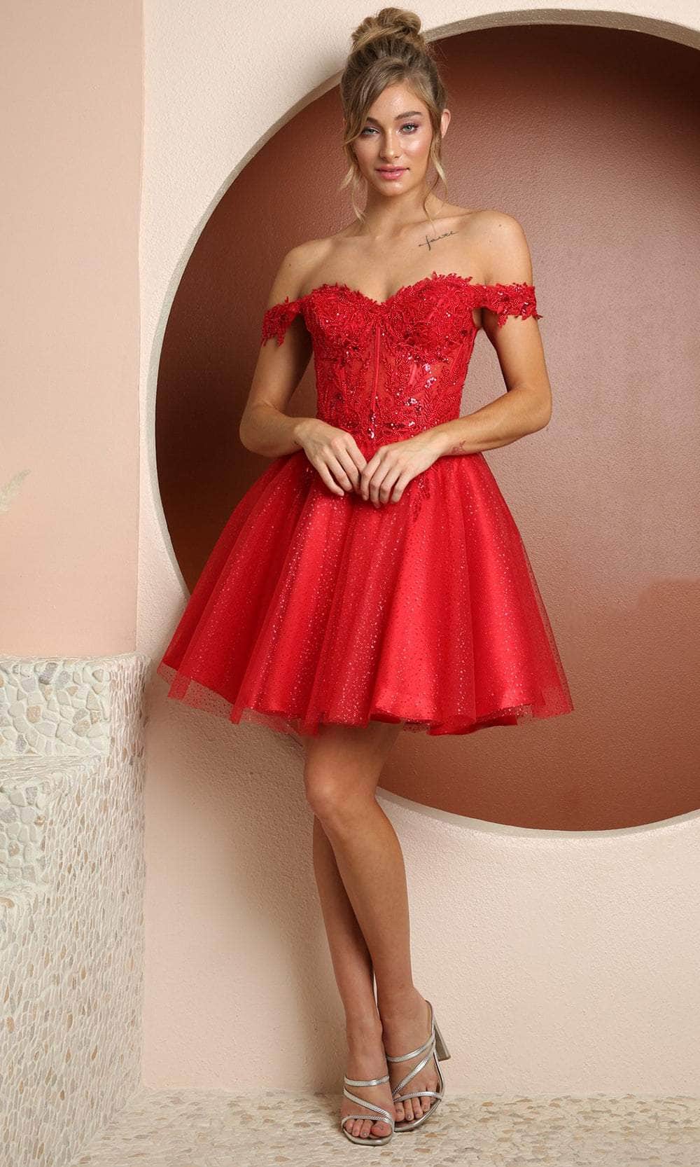 Nox Anabel F731 - Sheer Lace Off-shoulder Short Dress Cocktail Dresses 00 / Red
