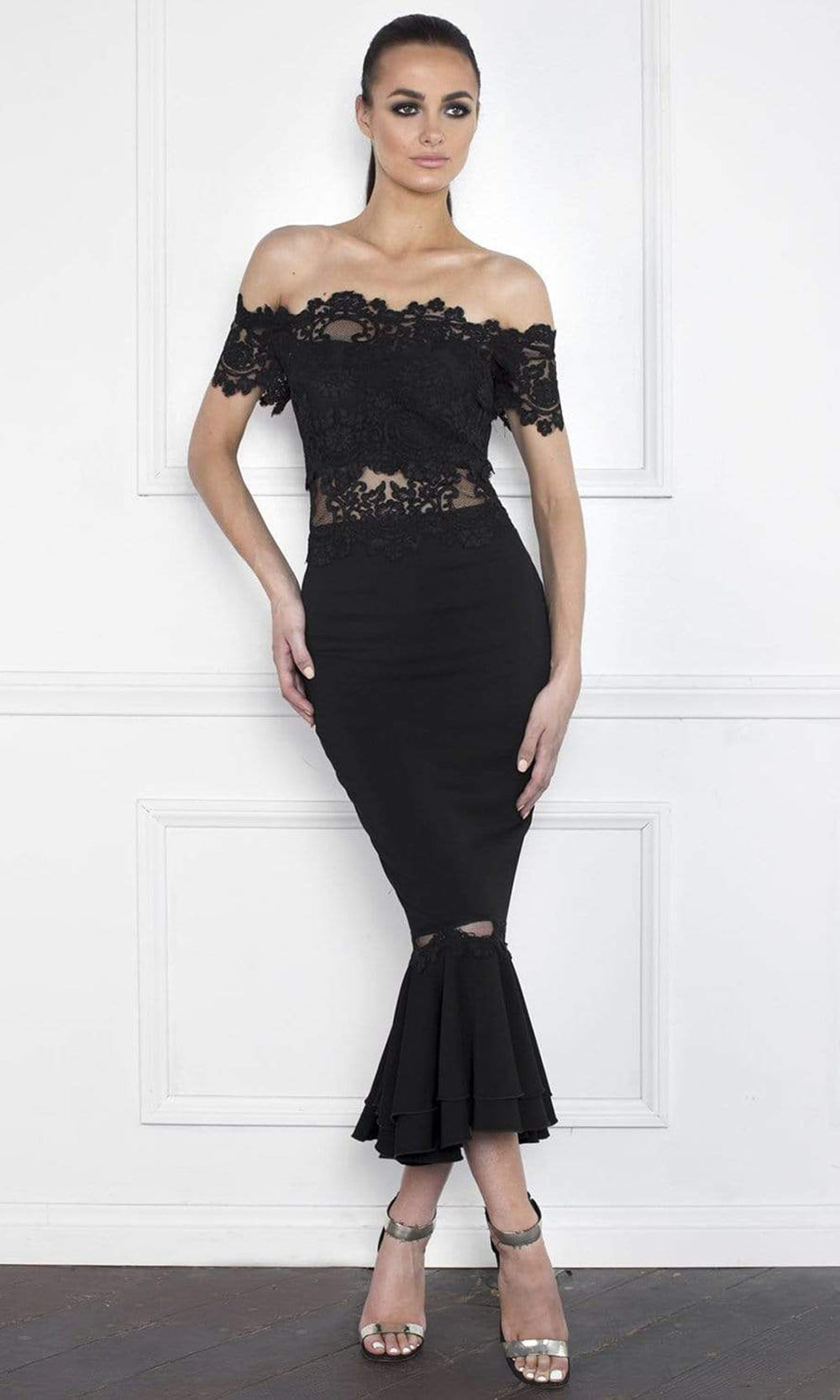 Nicole Bakti - Lace Bodies Tea Length Mermaid Evening Dress 634SC In Black