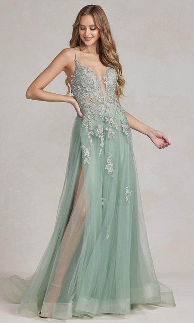 Nox Anabel G1149 - Embroidered Plunging V-Neck Prom Gown Prom Dresses