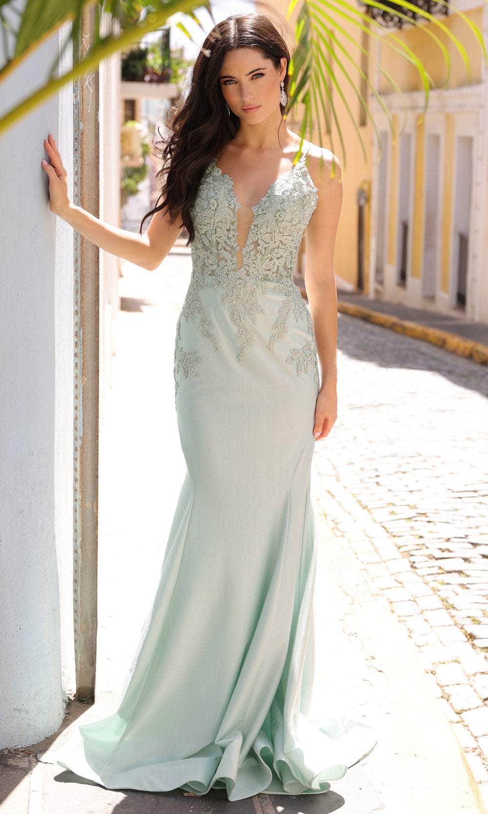 Nox Anabel G1364 - Trailing Lace Prom Dress Special Occasion Dress 0 / Sage Green