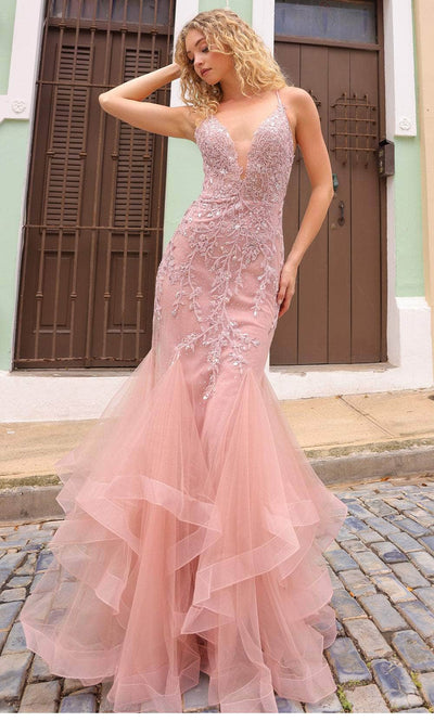 Nox Anabel G1368 - V-Neck Godets Mermaid Prom Dress Special Occasion Dress 4 / Apricot Rose