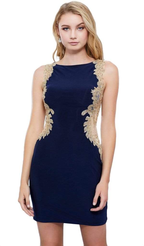 Nox Anabel - Gilded Bateau Neck Sheath Cocktail Dress 6312 - 1 pc Navy In Size L Available CCSALE L / Navy