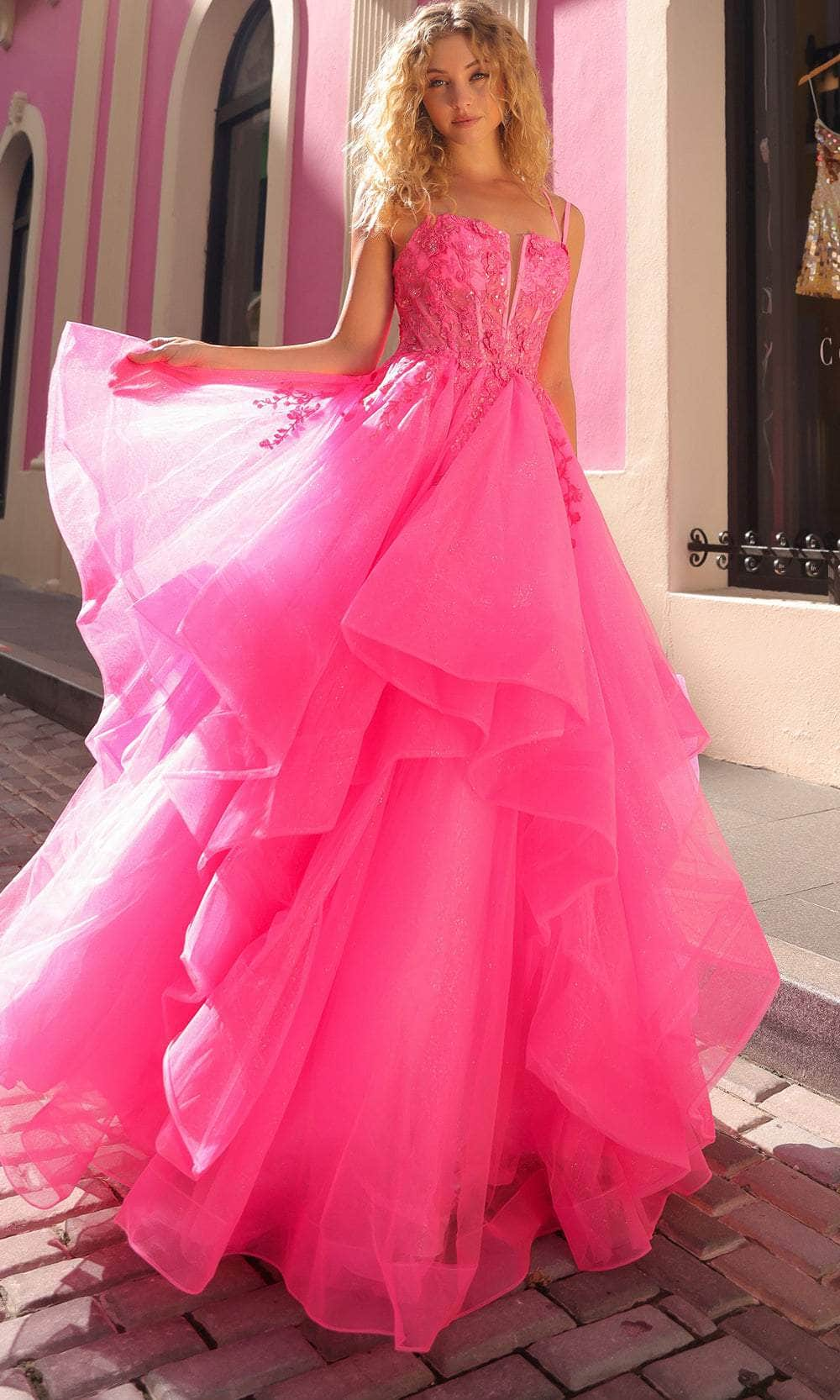 Nox Anabel H1351 - Ruffled A-Line Prom Dress Special Occasion Dress 0 / Hot Pink