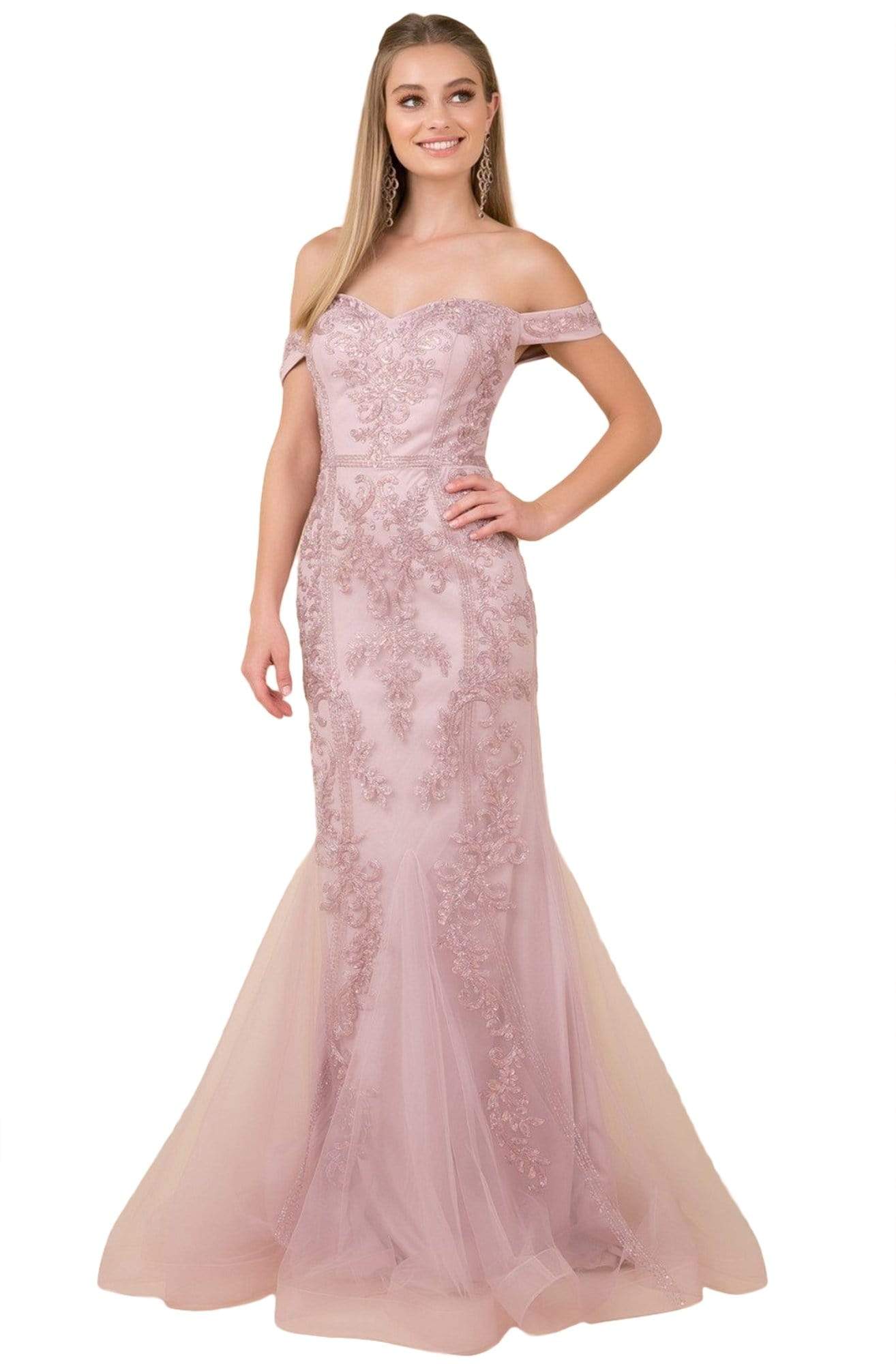 Nox Anabel - H294 Beaded Off Shoulder Mermaid Gown Prom Dresses XS / Light Mauve