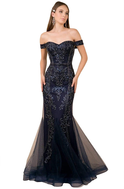 Nox Anabel - H294 Beaded Off Shoulder Mermaid Gown Prom Dresses XS / Navy Blue