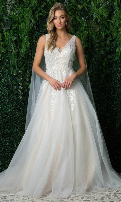 Nox Anabel JE947 - V Neck Bridal Gown with Shoulder Sash Wedding Dresses 4 / White & Nude