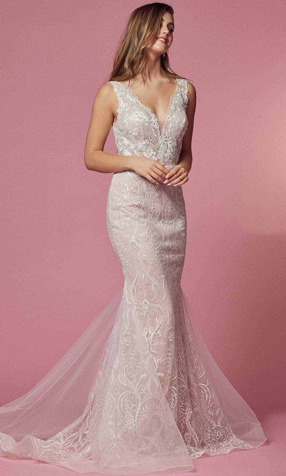 Nox Anabel JW909 - Lace Scalloped V-neck Wedding Dress Wedding Dresses 00 / White And Rose