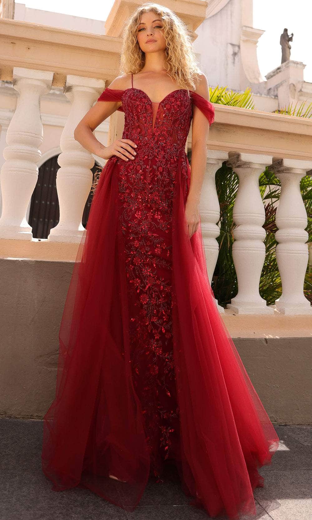 Nox Anabel L1362 - Floral Embroidered Plunging Neck Gown Prom Dresses 4 / Burgundy