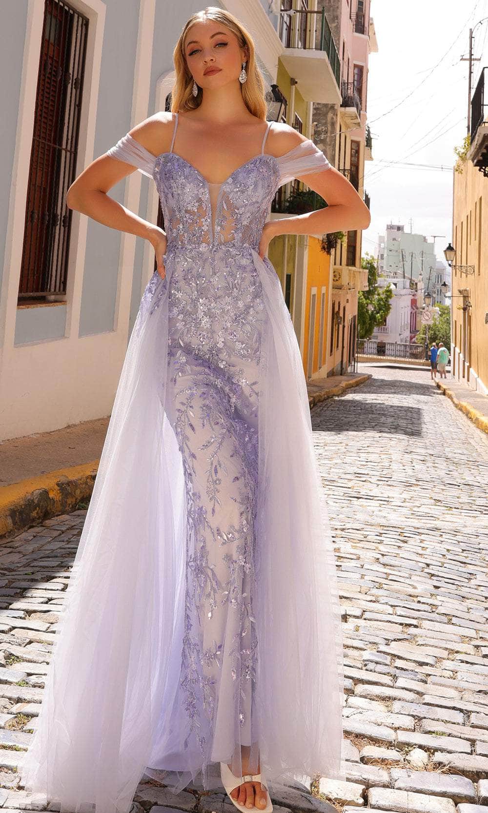 Nox Anabel L1362 - Floral Embroidered Plunging Neck Gown Prom Dresses 4 / Periwinkle