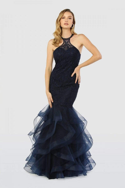 Nox Anabel - M189 Beaded Lace Halter Ruffled Mermaid Dress Evening Dresses XS / Navy