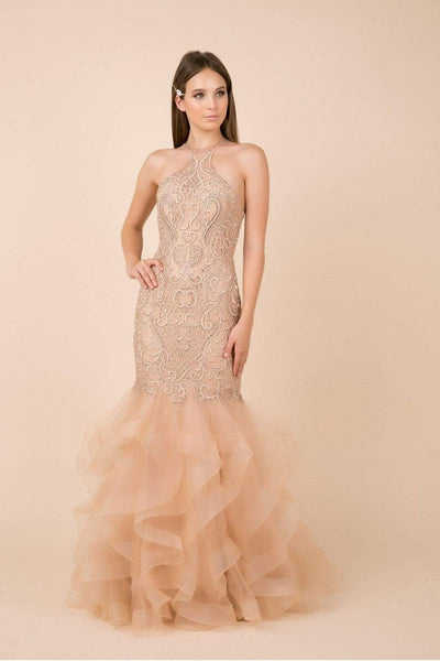 Nox Anabel - M189 Beaded Lace Halter Ruffled Mermaid Dress Evening Dresses XS / Rose gold