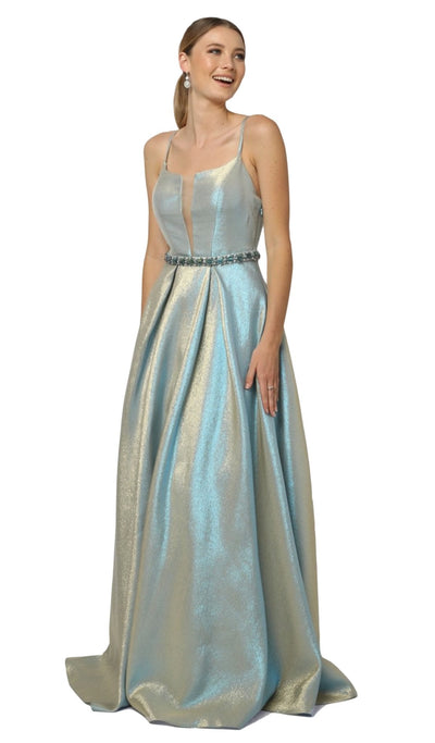 Nox Anabel - M271 Illusion Plunge Glitter A-Line Gown Special Occasion Dress XS / Blue Gold