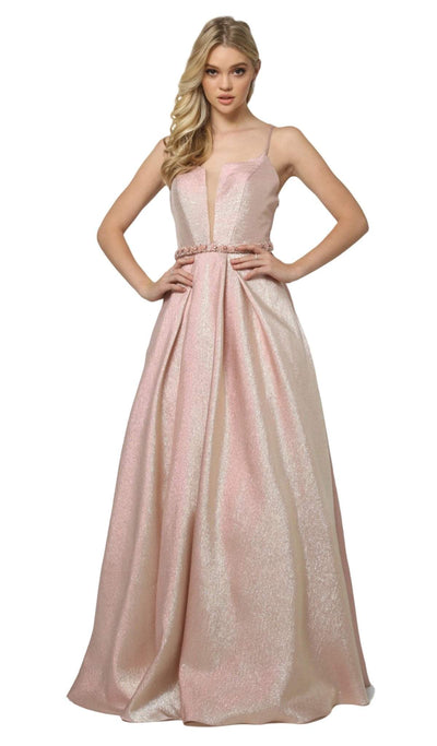 Nox Anabel - M271 Illusion Plunge Glitter A-Line Gown Special Occasion Dress XS / Blush