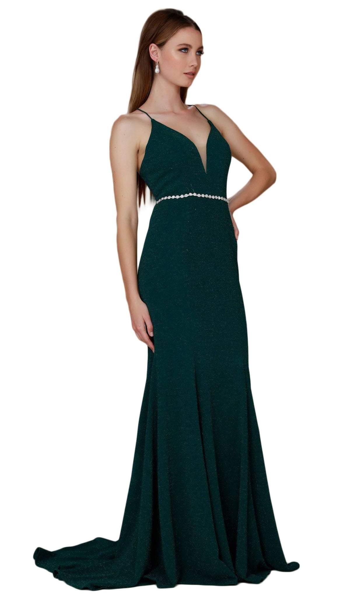 Nox Anabel - N160 Plunging V-Neck Strappy Low Cut Gown Special Occasion Dress XS / Green