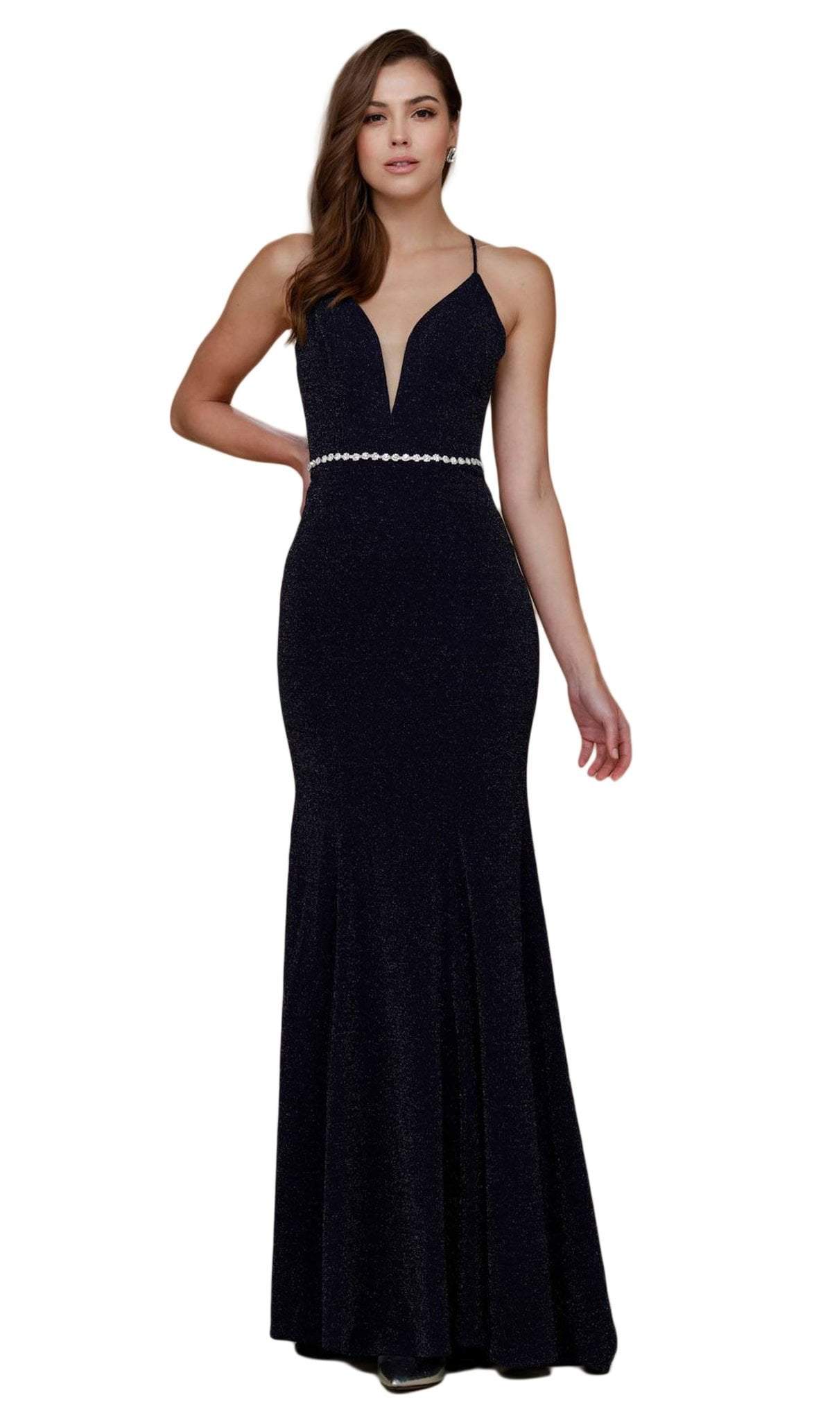 Nox Anabel - N160 Plunging V-Neck Strappy Low Cut Gown Special Occasion Dress XS / Navy Blue