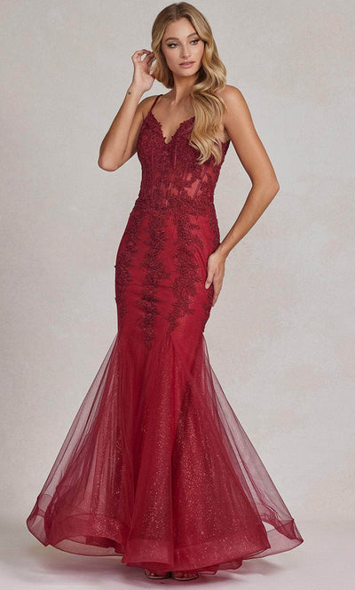 Nox Anabel P1170 - Lace Appliqued Mermaid Prom Dress Prom Dresses 2 / Burgundy