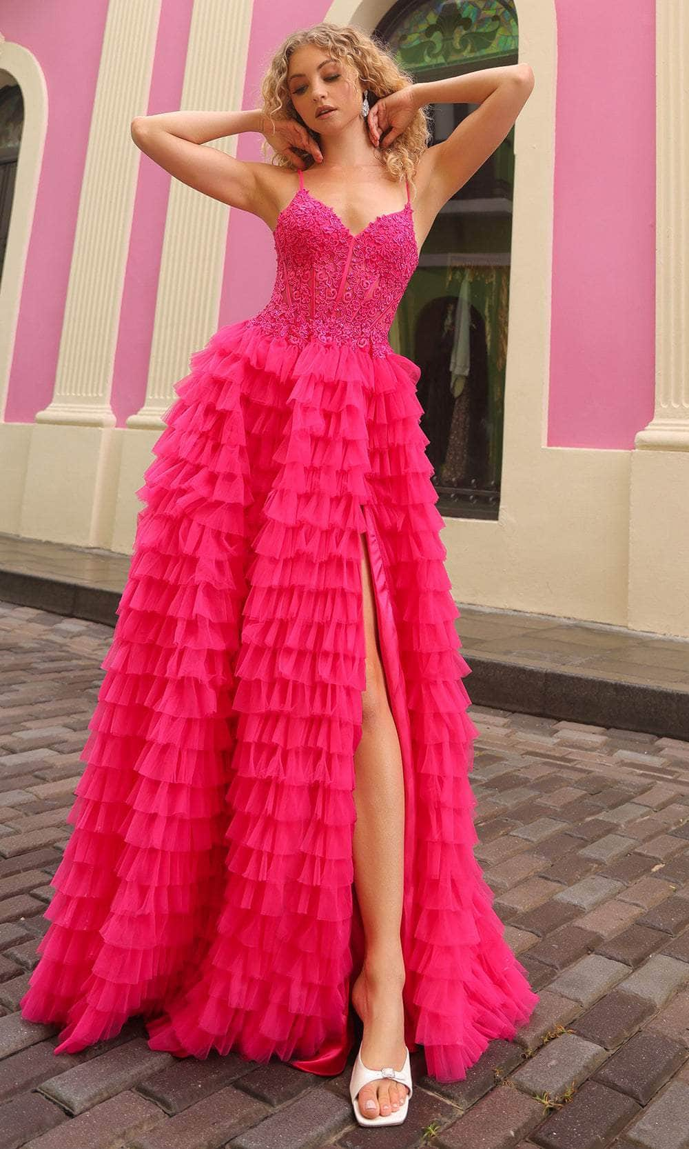 Nox Anabel P1398 - Tiered Skirt Sleeveless Ballgown Ball Gowns 0 / Fuchsia