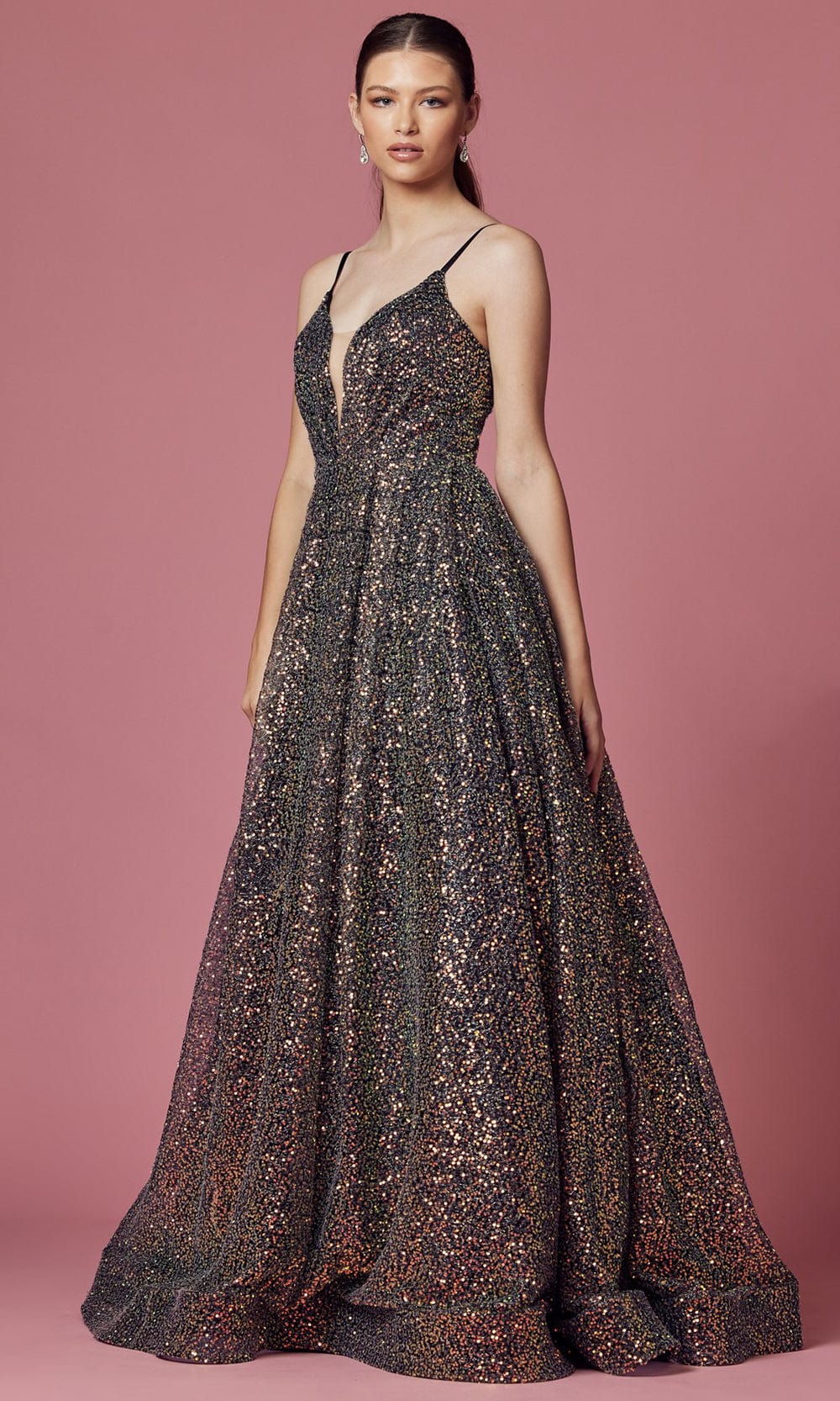 Nox Anabel R1030 - V-Neck Sequin Evening Gown Prom Dresses 2 / Black Multi