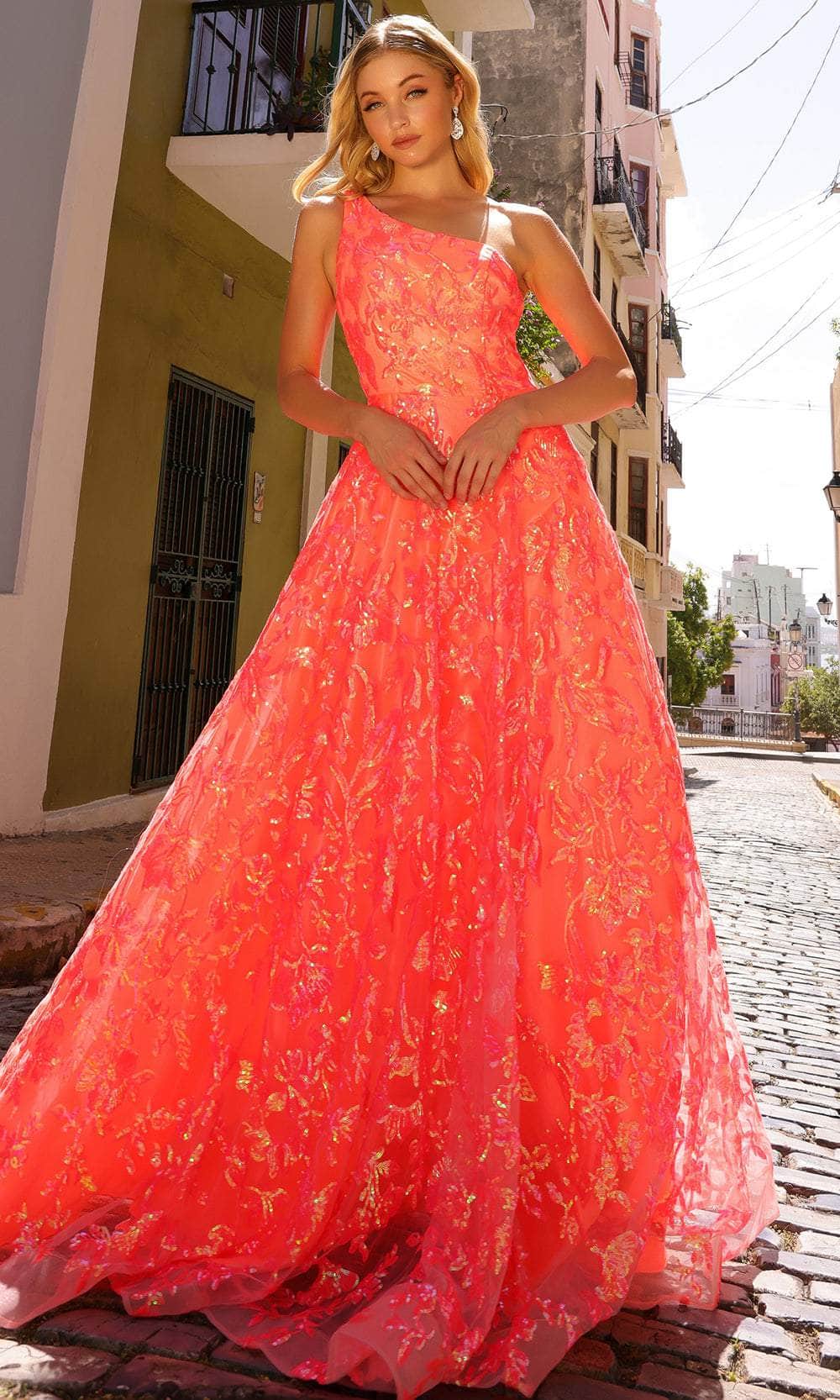 Nox Anabel R1305 - Sequin Embellished A-Line Gown Prom Dresses 0 / Neon Peach