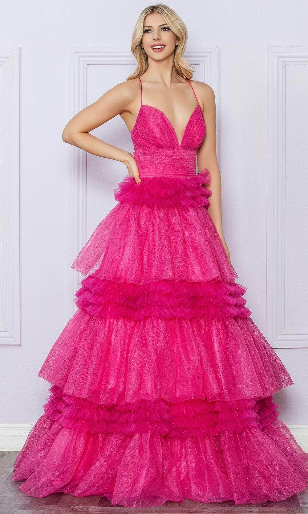 Nox Anabel R1316 - Deep V-Neck Tiered Prom Dress Special Occasion Dress 0 / Fuchsia