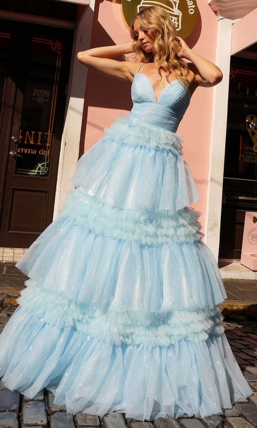 Nox Anabel R1316 - Deep V-Neck Tiered Prom Dress Special Occasion Dress 0 / Light Blue