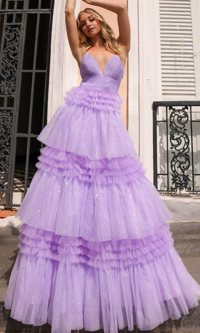 Nox Anabel R1316 - Deep V-Neck Tiered Prom Dress Special Occasion Dress 0 / Lilac
