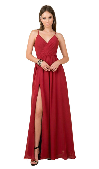 Nox Anabel - R275 Plunging V-neck A-line Dress With Slit Prom Dresses XS / Burgundy