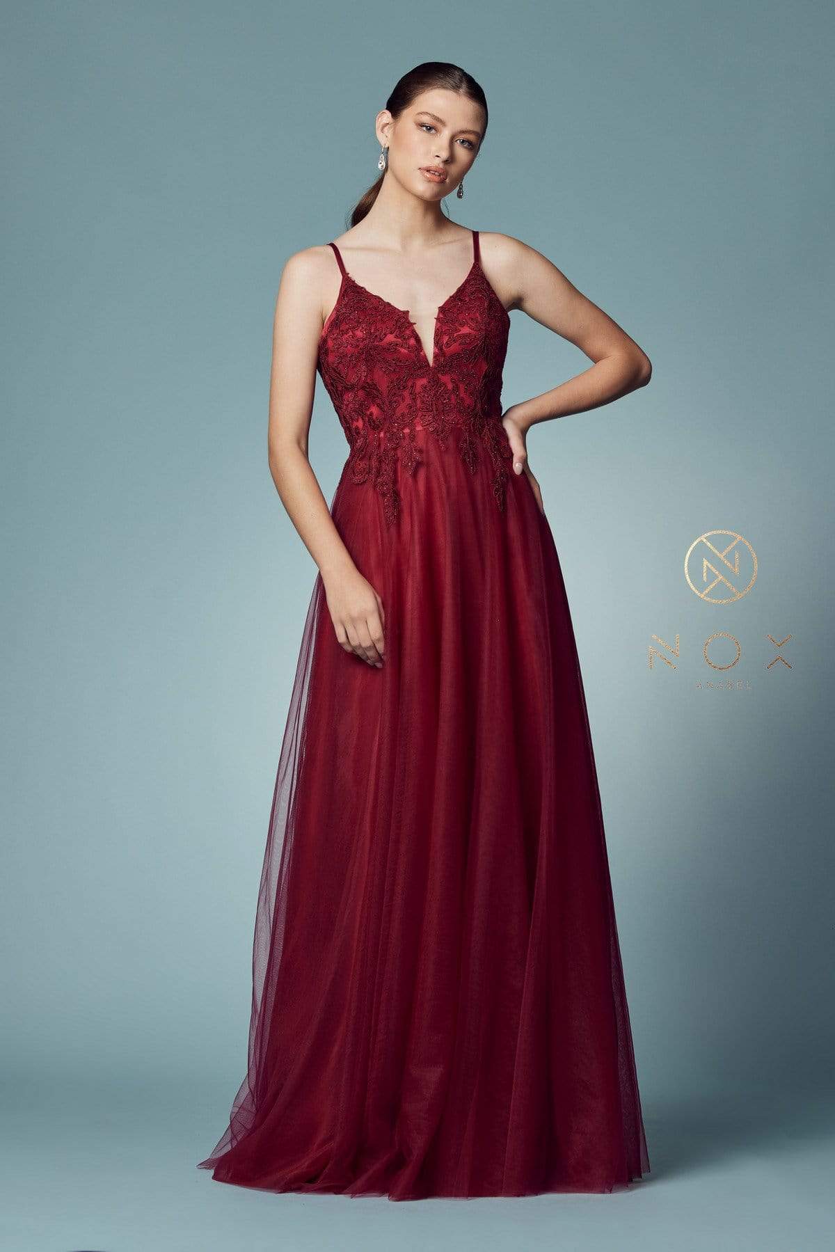 Nox Anabel - Laced Deep V-Neck Prom Gown R357 In Red