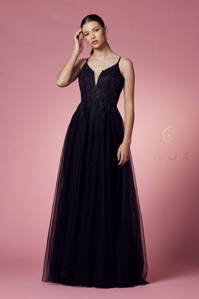Nox Anabel - R357 Plunging Embroidered Lace Bodice Gown Prom Dresses