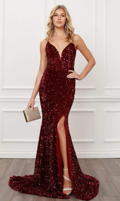 Nox Anabel - R433 Sequined Cut Out Back Long Dress Evening Dresses 2 / Burgundy
