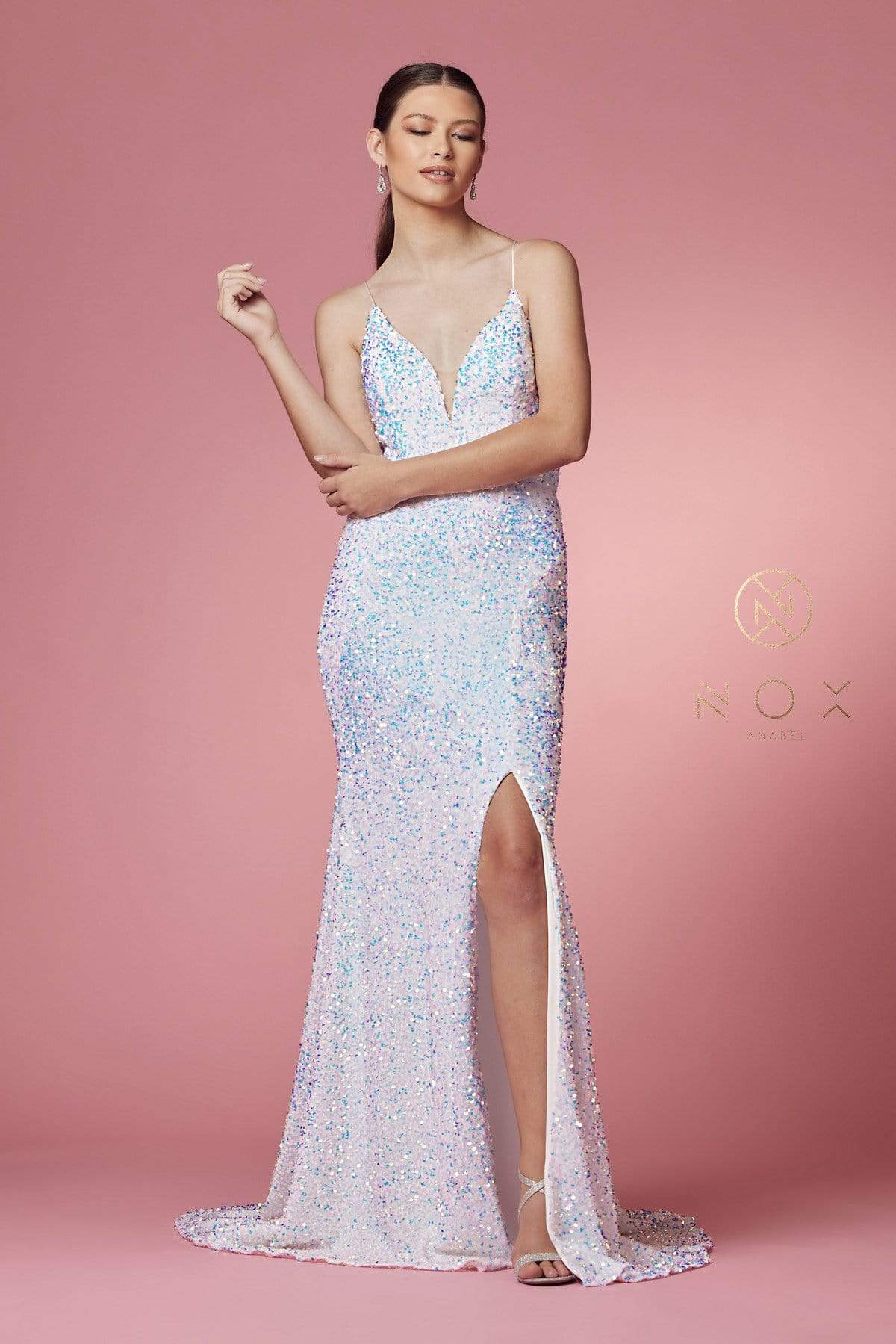 Nox Anabel - R433 Sequined Cut Out Back Long Dress Evening Dresses 2 / White Multi