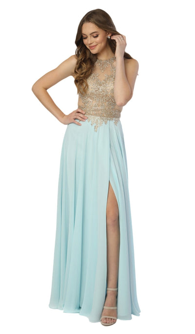 Nox Anabel - S202 Gilded Halter A-line Dress With Slit Special Occasion Dress XS / Aqua&Gold