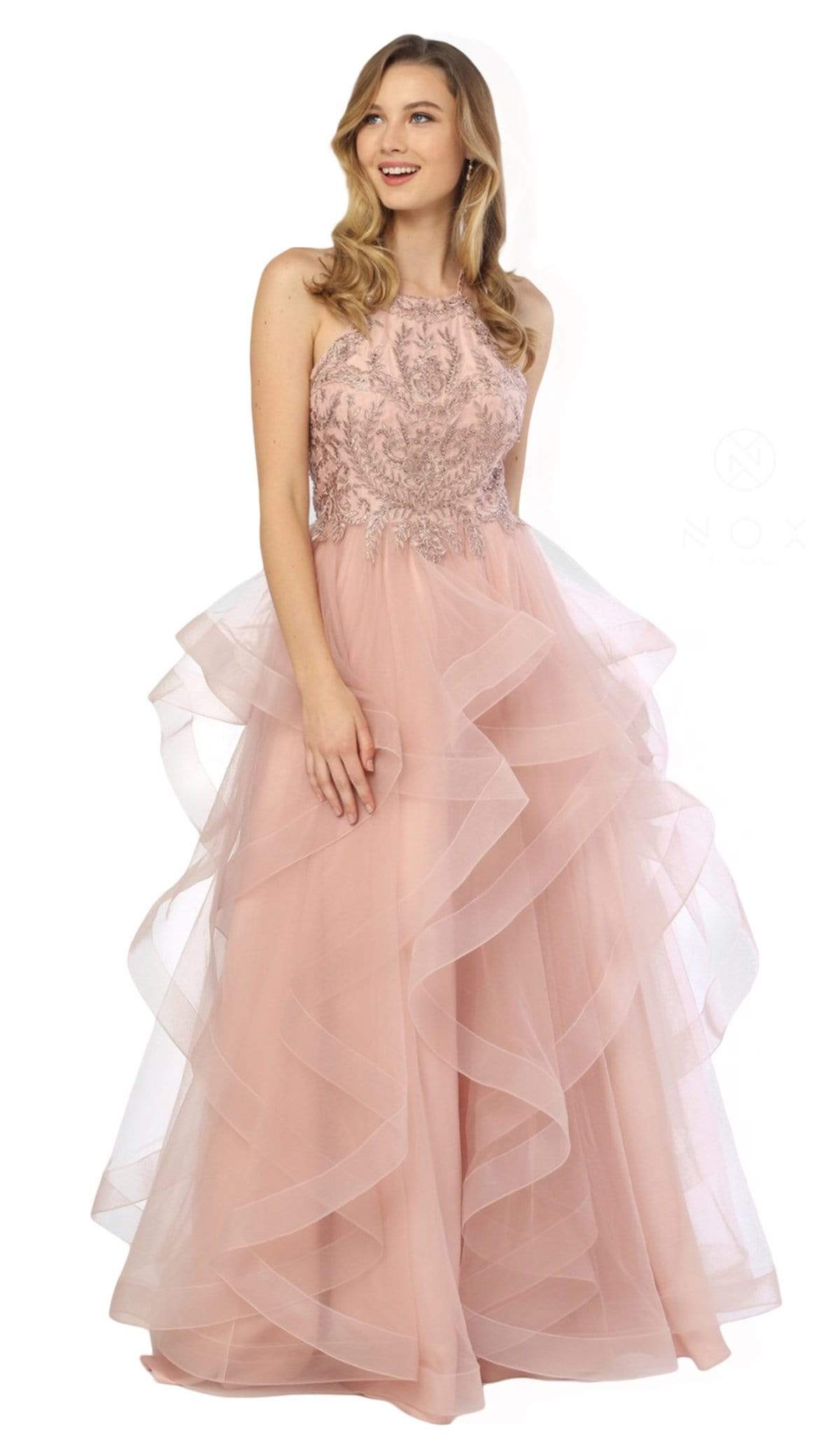 Nox Anabel - S266 Embellished Halter Ruffled A-line Dress Special Occasion Dress XS / Rosegold