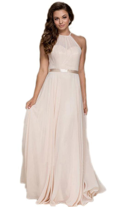 Nox Anabel - Ruched Halter Spaghetti Straps Evening Gown Y102SC In Neutral