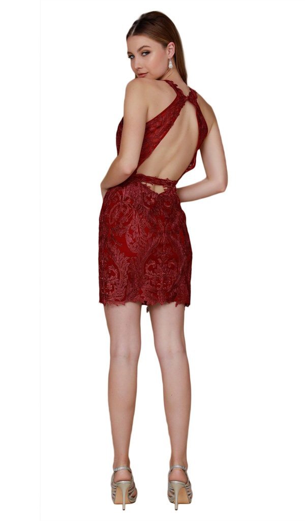 Nox Anabel Sleeveless Lace Halter Sheath Dress A612 CCSALE XS / Burgundy