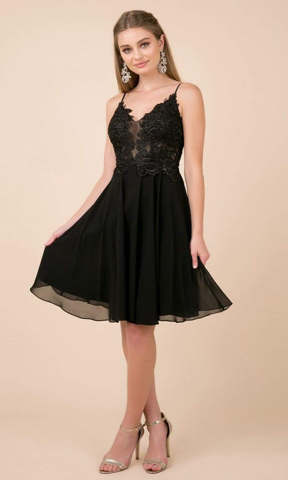 Nox Anabel - Spaghetti Strap Beaded Lace A-line Dress A660 - 1 pc Black In Size 2XL Available CCSALE 2XL / Black