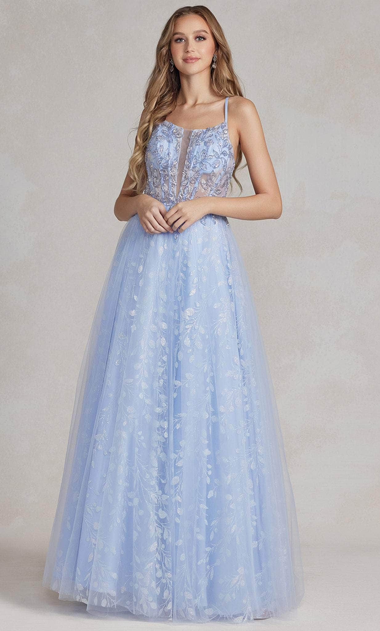 Nox Anabel T1084 - A-line Leaf-Motif Long Dress Evening Dresses 00 / Periwinkle