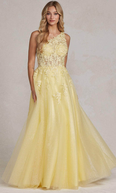 Nox Anabel T1143 - Lace Appliqued A-Line Prom Gown Prom Dresses 00 / Lemon