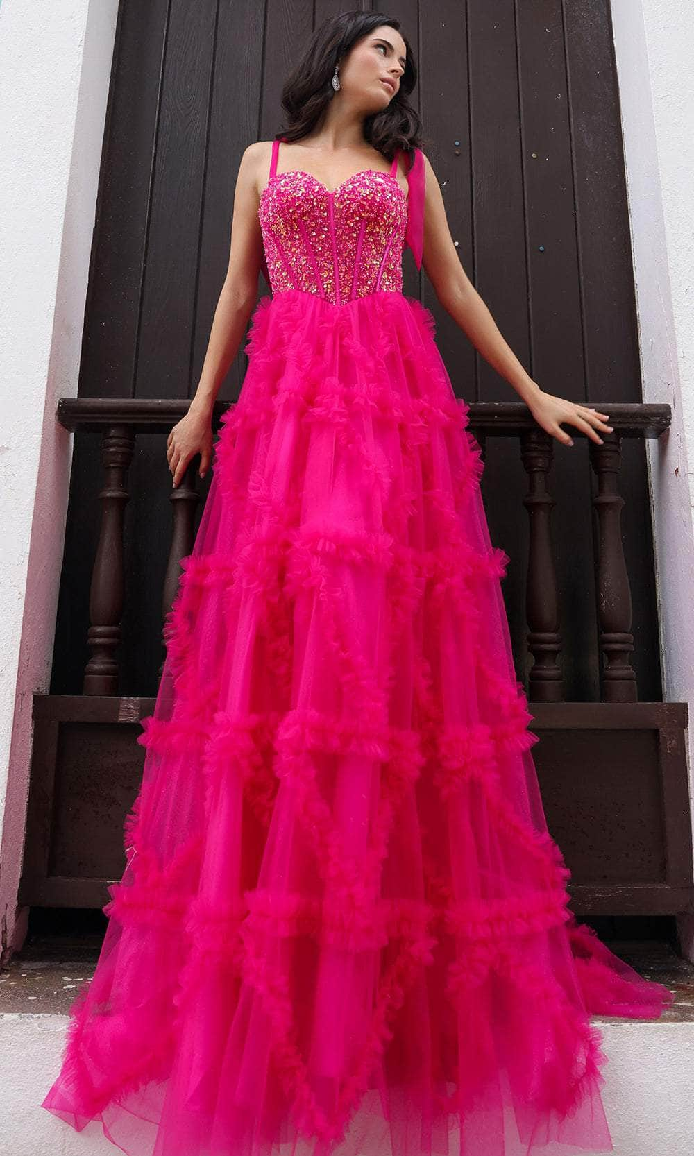 Nox Anabel T1340 - Tier Straps Ruffle Prom Dress Special Occasion Dress 0 / Fuchsia