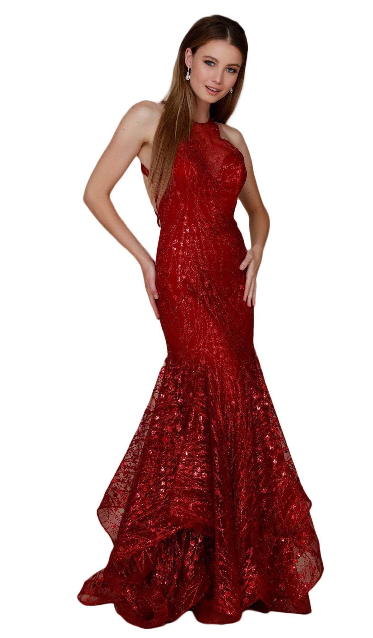 Nox Anabel - T153 Rhinestone Accented Illusion Halter Mermaid Dress Evening Dresses XS / Burgundy