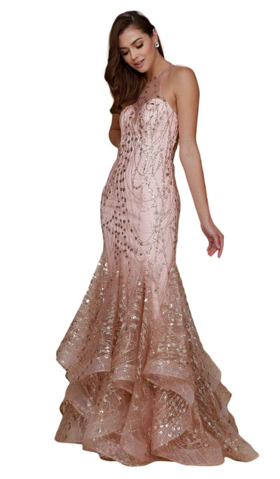 Nox Anabel - T153 Rhinestone Accented Illusion Halter Mermaid Dress Evening Dresses XS / Gold