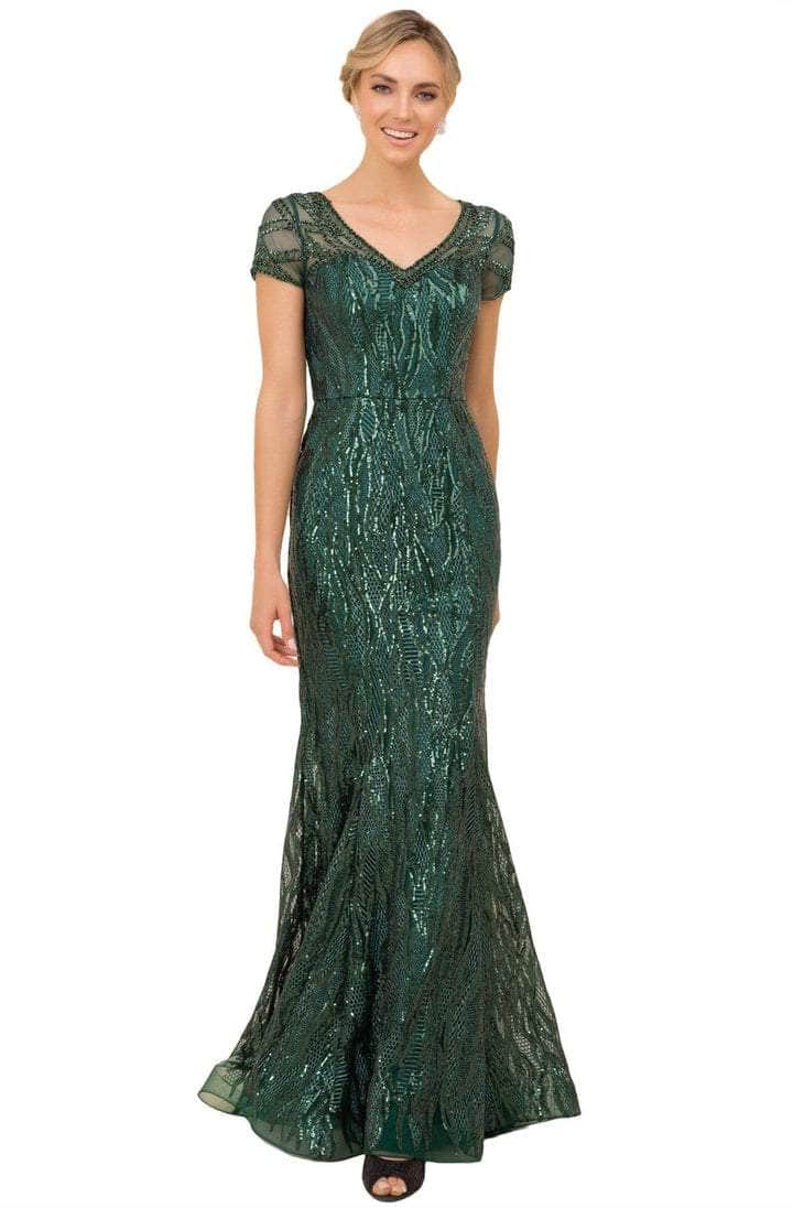 Nox Anabel - T419 Embellished Sheer Short Sleeve V-neck Long Dress - 1 pc Green In Size 12 Available CCSALE 12 / Green