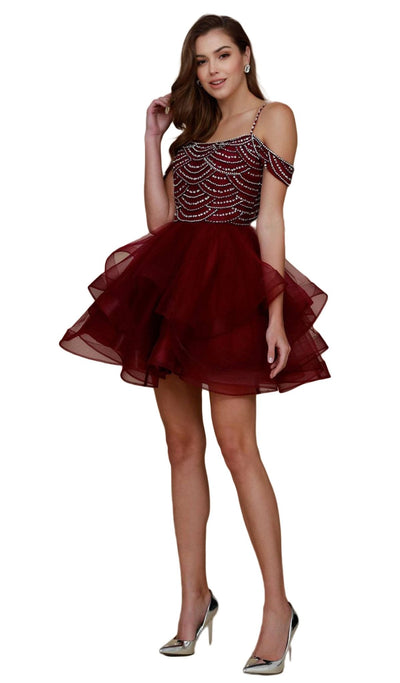 Nox Anabel - T668 Beaded Tiered A-Line Cocktail Dress Special Occasion Dress XS / Wine